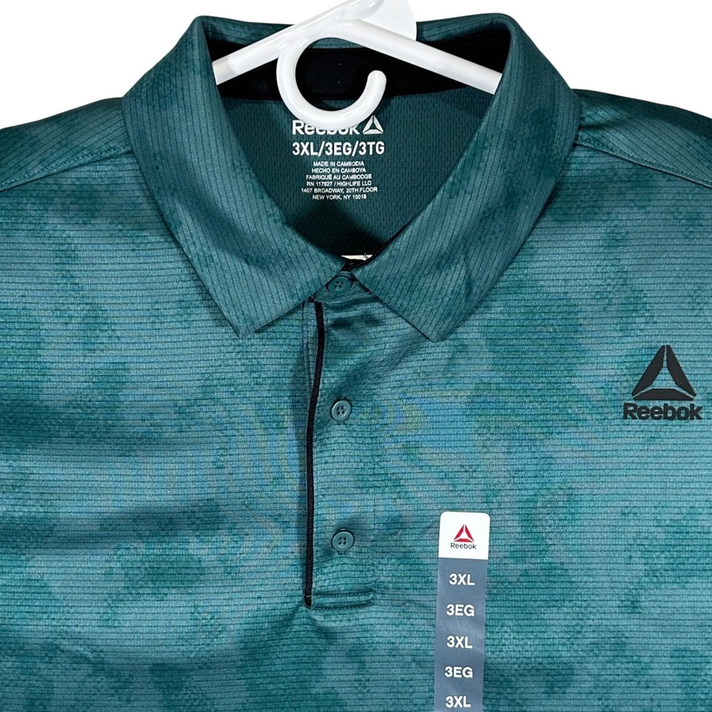 Reebok Mens Size 3XL Performance Polo Shirt Teal Green Camo RBK-DRY New